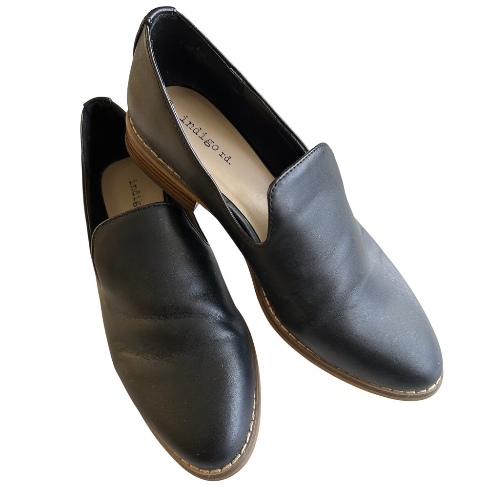 Indigo Rd Womens Black Almond‎ Toe Slip On Loafers Size 7.5M Stacked Heel Shoes